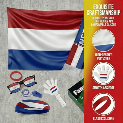 Soccer Fan Gear Set 2026-7 Piece Game Day Kit with Flag, Scarf, Glasses, Whistle, Clapper, Wristband & Headband in Gift Box - Watch Party & Stadium Essentials for Netherlands - color: Netherlands