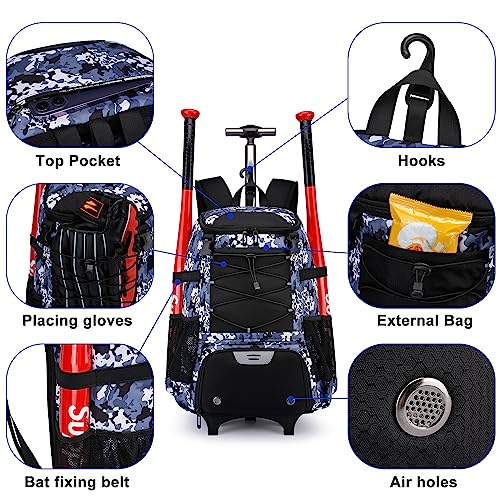 Softball Bag, Baseball Rolling Bat Bag - Wheeled for Youth Girls Adult, Lightweight Equipment Backpack With Shoe Compartment, Fence Hook for TBall, Helmet