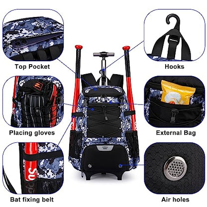 Softball Bag, Baseball Rolling Bat Bag - Wheeled for Youth Girls Adult, Lightweight Equipment Backpack With Shoe Compartment, Fence Hook for TBall, Helmet