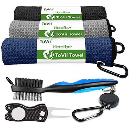 Golf Towel Microfiber Waffle Pattern Golf Towel | Brush Tool Kit with Club Groove Cleaner | Golf Divot Tool | Golf Accessories for Men - color: Navy