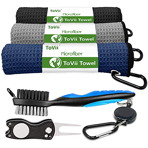 Golf Towel Microfiber Waffle Pattern Golf Towel | Brush Tool Kit with Club Groove Cleaner | Golf Divot Tool | Golf Accessories for Men - color: Navy