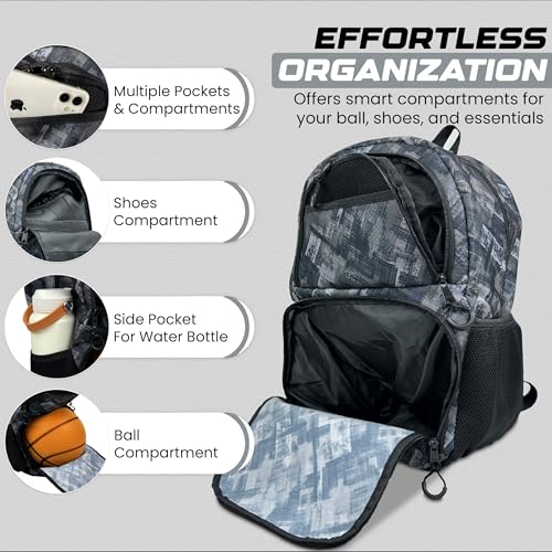 Soccer & Basketball Sports Bag with Ball Pump - Basketball Backpack with Separate Ball & Shoes Holder Compartment, Soccer Basketball Football & Volleyball Bag with Large Capacity - color: Grey, style: With Ball Pump