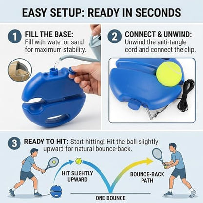 Tennis Buddy Trainer NextGen with Fillable Water Base - Portable Tennis Trainer Rebound Ball with Carry Bag & 2 Balls, Practice Equipment for Beginners, Backyard & Park (1)