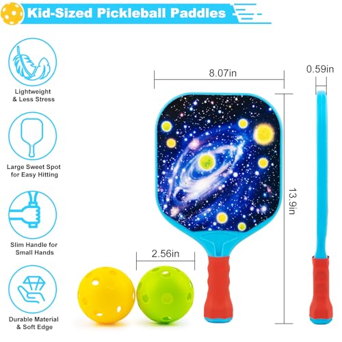 Kids Pickleball Paddles Set of 2, Outdoor Games for Yard Lawn Camping Beach, Lightweight Child-Size Pickleball Set Sports Gifts for Boy Girl 4 5 6 7 8 Year Old