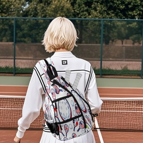 Print Pickleball Backpack White Sports Rackets | Padded 6-Paddle Compartment & Separate Shoe Bag | Multi-Pocket Sports & Gym Backpack for Tennis, Travel, Commute