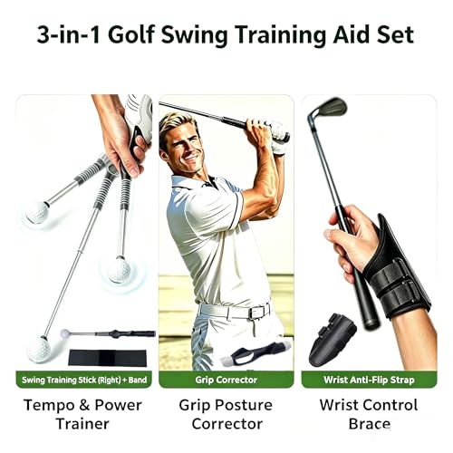 Golf Swing Trainer Kit for Right Handed Golfers Only – 3-in-1 Set Includes Swing Trainer, Wrist Fixator & Grip Trainer – Perfect for Tempo, Posture & Grip Correction – Portable Practice Aid