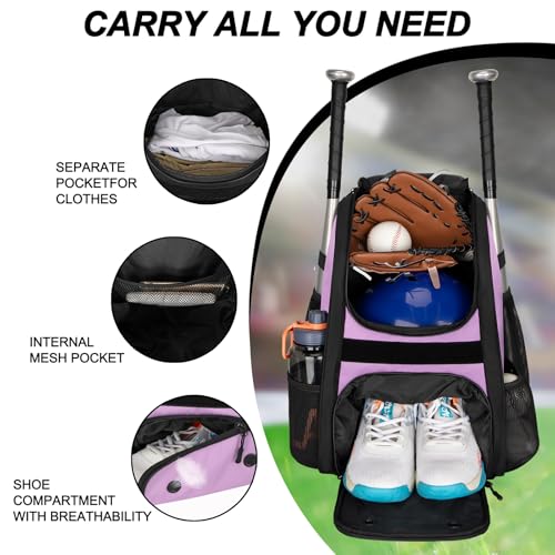 Goloni Youth Baseball Bag,Baseball Backpack with Shoes Compartment,Softball Bag with Fence Hook for T-Ball Bat & Equipment - color: Dark Purple
