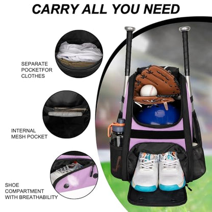 Goloni Youth Baseball Bag,Baseball Backpack with Shoes Compartment,Softball Bag with Fence Hook for T-Ball Bat & Equipment - color: Dark Purple