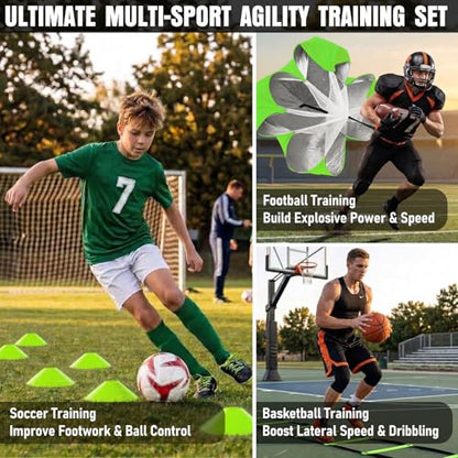 MUROZA Agility Ladder, Agility Speed Training Equipment Set, 20ft Speed Ladder, 12 Soccer Cones, 4 Hurdles, Jump Rope, Running Parachute, Soccer Football Basketball Training Equipment Accessories - color: Green