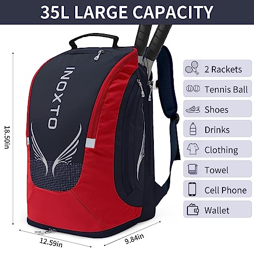 INOXTO 40L Tennis Backpack for Men & Women, Large Pickleball Bag With Independent Shoe Storage, Waterproof & Breathable, Holds 2 Tennis Rackets for Badminton, Travel & Camping
