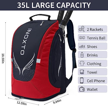 INOXTO 40L Tennis Backpack for Men & Women, Large Pickleball Bag With Independent Shoe Storage, Waterproof & Breathable, Holds 2 Tennis Rackets for Badminton, Travel & Camping - color: dark blue with red