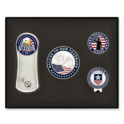 PinMart's Golf Essentials Gift Set - Golf Divot Tool, Hat Clip, Magnetic Ball Markers, Large Ball Marker with Presentation Box - Gifts and Accessories for Men and Women - color: Salute to our Veterans Nickel Plated