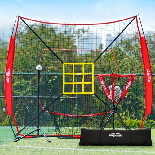 Zupapa Baseball Softball Practice Combo - 7 X 7 Feet Net Tee Caddy 12 Pack Baseballs Set, Upgraded Vivid Strike Zone, Baseball Backstop Practice Net for Hitting Pitching Batting Catching - color: Red