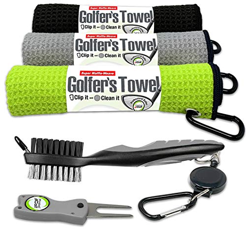 Towel Gifts and Accessories Set (Many Colors) - 3 Golf Towels, Golf Divot Tool, Ball Marker, and Golf Cleaning Brush, Golf Gifts for Men, Women, Children - color: Green