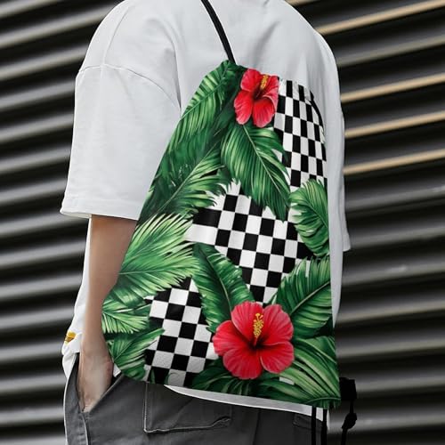 Water Resistant Drawstring Backpack Lightweight Sackpack for Yoga Gym Beach Travel, Men Women Unisex Sports Bag, Tropical Palm Leaves Hibiscus Bags - color: Picture (1013)