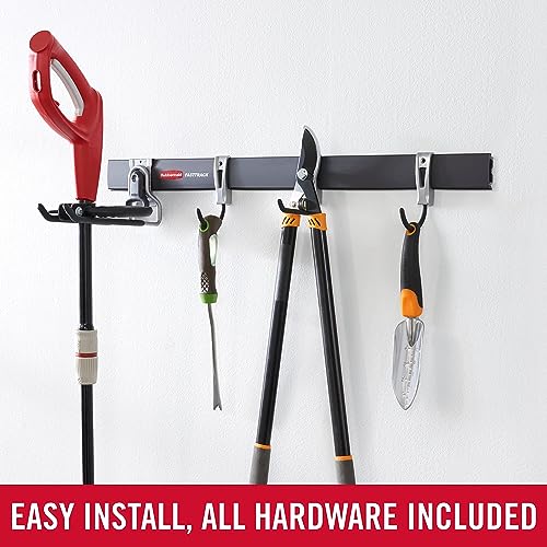 Rubbermaid FastTrack Garage Storage Utility Hooks 5 Piece Black All in One Rail Hook Kit and Tool Organizer Heavy Duty for Home/Garage/Shed/Garden - size: 1 Rail, 4 Hooks