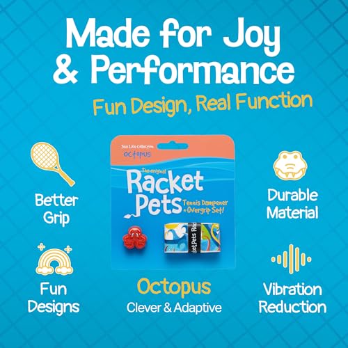 Racket Pets Kids Tennis Racket Dampener & Matching Overgrip Tape, Performance Shock Absorbing Dampener for Tennis Racket & Fun Animal Print Tennis Wrap Grip Tape - style: Octopus