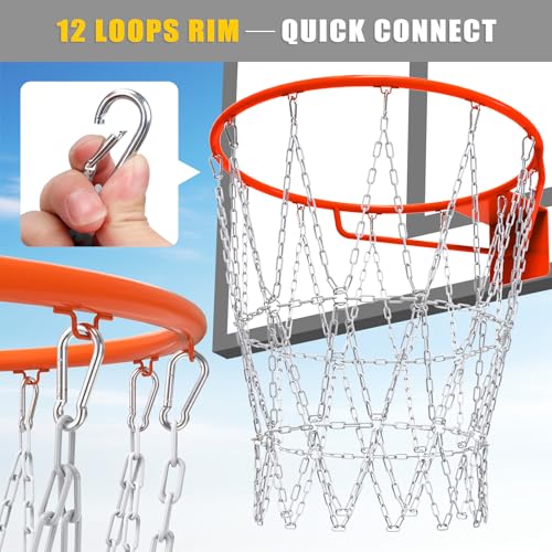 Insaga Chain Basketball Net Heavy Duty Metal - 19'' Basketball Chain Net for Hoop Outdoor Indoor Replacement, Rustproof Steel Chain Net for Standard 12-Loop Rim, Easy to Install