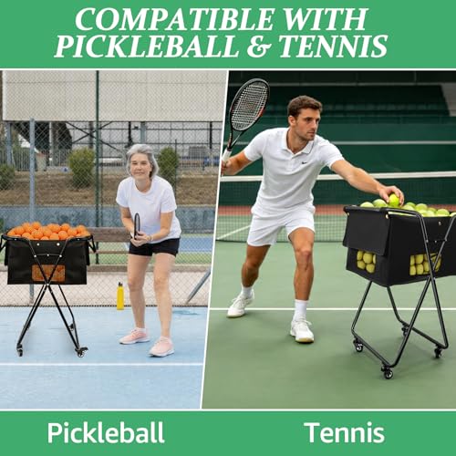 Tennis Ball Hopper Cart with 4 Wheels，Foldable Large Capacity Pickleball & Tennis Ball Collector for Court Training, Coaching