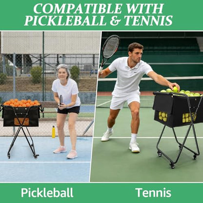 Tennis Ball Hopper Cart with 4 Wheels，Foldable Large Capacity Pickleball & Tennis Ball Collector for Court Training, Coaching