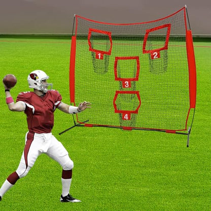7x7ft Football Throwing Net with 4 Target Pockets – Football Training Net for Accuracy Improvement, Portable Quarterback Practice Equipment for Outdoor Use