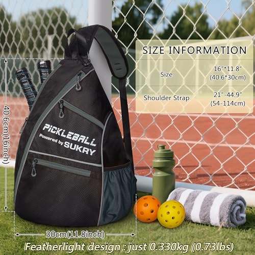 SUKRY Pickleball Bag Sling backpack with Water Bottle Holder for Men and Women Pickle ball Accessories Water-Resistant Sprot Bag - color: Grey