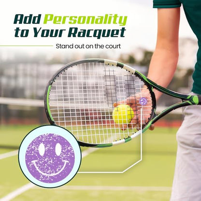 Tennis Racket Dampener - Glitter Smiley Face Designs - Vibration & Noise-Reducing Tennis Shock Absorber for Racquets - Secure, Easy-Install Accessories for Players of All Levels - style: Purple