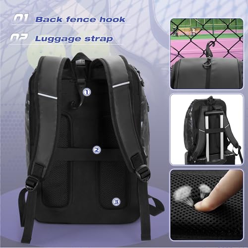 Smasrob Pickleball Bag Fits 4 Pickleball Paddles, Pickleball Backpack with Laptop Pocket, Shoe Compartment and Fence Hook - color: Black