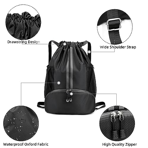 Valleycomfy Sports Drawstring Backpack - Water Resistant String Bag with Side Mesh Pockets Shoe Compartment Gym Backpack for Women & Men Black - color: A-black