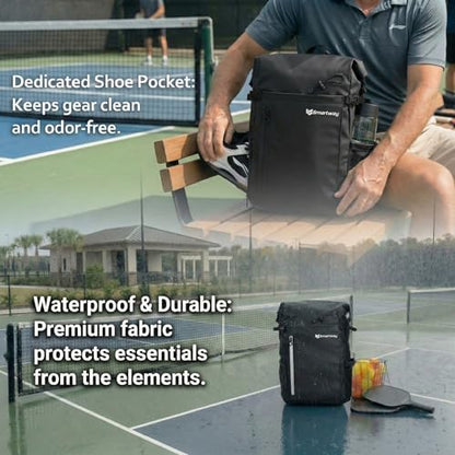 Smartway Waterproof Pickleball Bag With Shoe Compartment - Large Capacity Tennis Racket Backpack For Men Women - color: Black