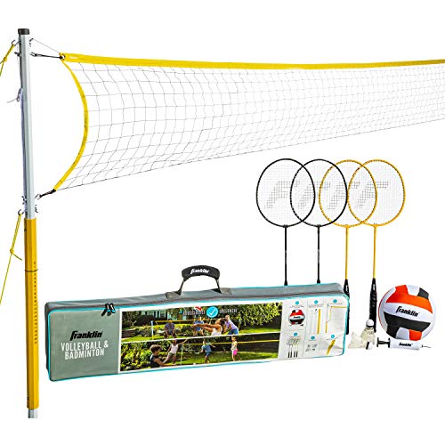 Franklin Sports Volleyball + Badminton Combo Sets - Backyard + Beach Outdoor Volleyball + Badminton Net Set - Portable Badminton + Volleyball Net with Poles - Volleyball, Rackets + Birdies Included - style: Family