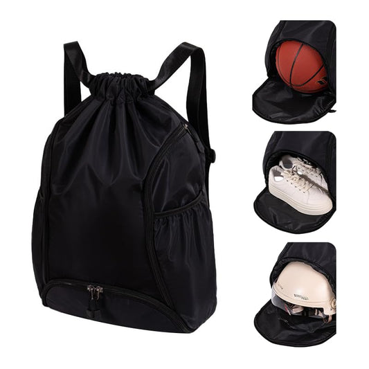 Sports Drawstring Backpack, Waterproof Swim Gym Bag for Women&Men, String Basketball Pack with Shoes Compartment, Black - color: Black