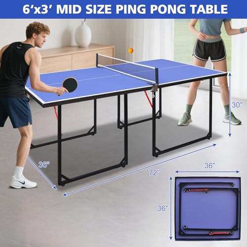 6FT Ping Pong Table Foldable Midsize Table Tennis Table for with Net, Table Tennis Paddles and Balls, MDF Multi-Use Family Game Table Assembly Free for Kid Teenager Adult, Compact & Portable