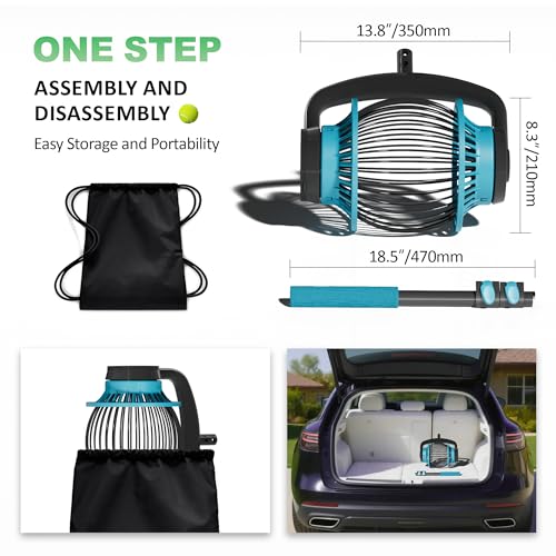 Tennis Ball Collector Roller with Adjustable Handle, No-Bend Quick Rolling Picker for Tennis Court, Quick-Tip Ball Release for Fast Emptying, Large Hopper Holds 20+ Tennis Balls Save Time & Your Back