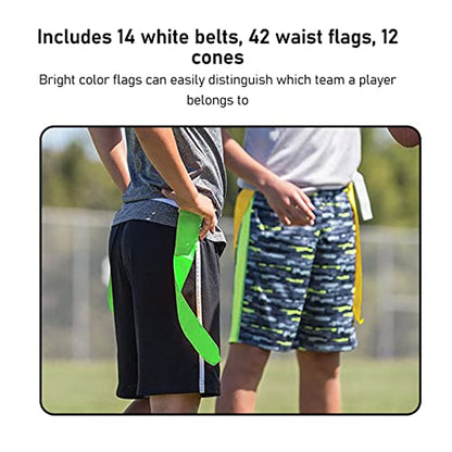 Flag Football Belt Set - 14 Adjustable Nylon Belts 42 Detachable PVC Flags 12 Training Cones for Team Sports - color: Red+green