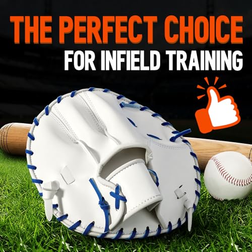 1 PC Baseball and Softball Training Glove,Flat Infield Training Glove for Right-Hand Throw,Baseball&Softball Fielding Gear PVC Infield Flat Mitt for Men&Women Catching Balls Fielding Drills&Practice - color: White/Blue