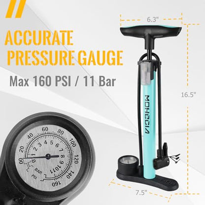 MOHEGIA Bike Floor Pump with Gauge: Air Bicycle Pump with High Pressure 160 PSI,Fits Schrader and Presta Valve -Inflator with Ball Pump Needles for MTB Road Bike, Ball, Balloon, Inflatables - color: blue