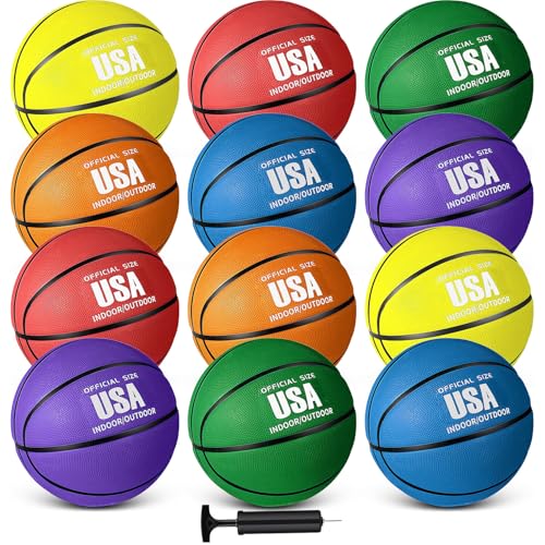 Libima 12 Pcs Rubber Basketball Official Size Bulk Streetball Multicolor Basket Ball with Pump Plain Basketball for Adult Youth Kid Indoor Outdoor Training Game Gift Back to School