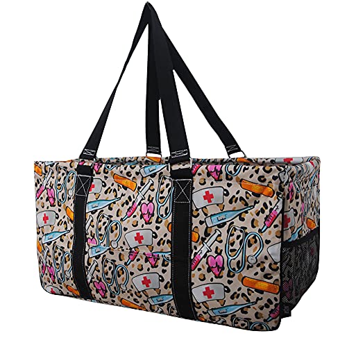 Extra Large Utility Tote Reusable Grocery Bag Oversized Collapsible for Groceries, Storage, Picnic, Beach (Cheetah Nurse-Black) - color: Cheetah Nurse-black