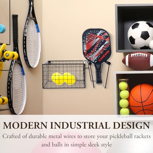 MyGift 16 Inch Wall Mounted Metal Pickleball Paddle Rack and Storage, Hanging Equipment Organizer with Racket Holder and Basket for Balls - color: Black