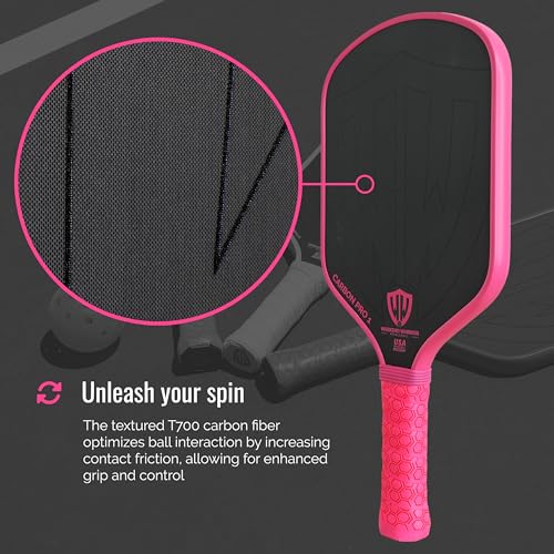 Paddle - USAPA Approved - T700 Carbon Fiber for Ultimate Spin - Elongated Handle and Shape for Power - Paddle Cover, Paddle Eraser, Lead Tape, Sweatband Included - color: Pink