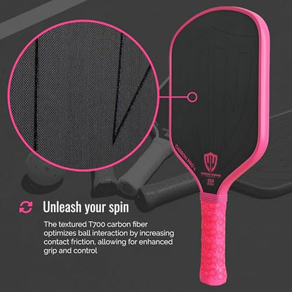 Paddle - USAPA Approved - T700 Carbon Fiber for Ultimate Spin - Elongated Handle and Shape for Power - Paddle Cover, Paddle Eraser, Lead Tape, Sweatband Included - color: Pink