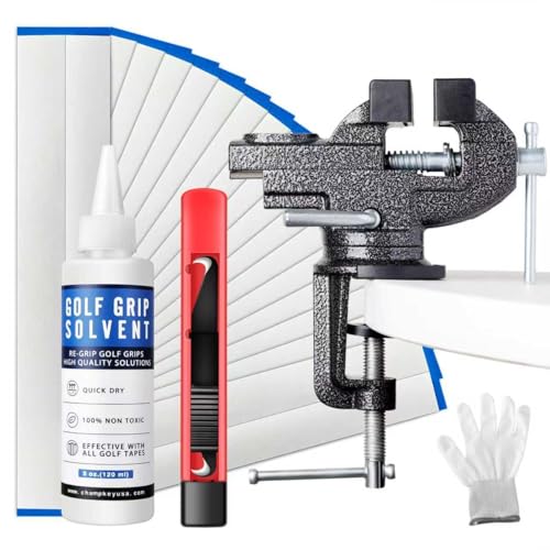 CHAMPKEY Deluxe Grip Repair Kits for Regripping Golf Clubs - Inlcudes Hook Knife, 2" x 10" Professional Tapes, 5 oz Solvent and Rubber Vise Clamp - style: 4 in 1 Kits with Metal Table Vise
