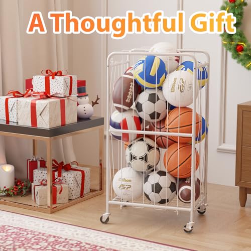 Olldide 250L 43-Inch Large Ball Storage Basket with Wheels, Rolling Cart Sports Equipment Garage Organizer with Elastic Rope for Easy Access, Holder For Basketball, Soccer, Volleyball, Football