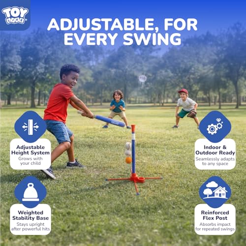 TOY Life 3-in-1 tBall Set for Kids 3-5, Adjustable Toddler T Ball Training Set with Bat, Toddler Baseball Set Semi-Automatic Launcher, Hanging Tee, Soft & Dog Play Balls, Fun Sports Set for Ages 3+