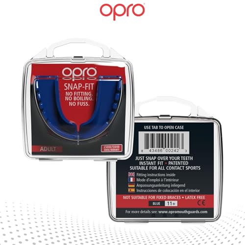 OPRO Snap-Fit Mouth Guard Instant Fit (Electric Blue) Adult Boxing Mouthguard for MMA & Impact Sports, Impact-Resistant Football Mouth Guard for Sports, Hockey & Rugby - Includes Case
