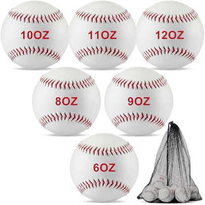Jenaai 6 Pcs Weighted Training Baseballs Bulk 6oz to 12oz Weighted Softballs with Drawstring Bag for Hitting, Pitching Practice Strength Development - color: White, size: 9"