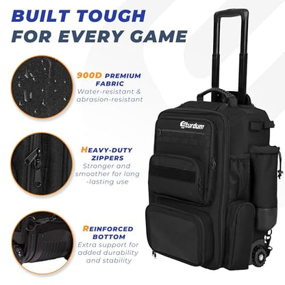 Rolling Baseball Bag with Wheels, 70L Large Capacity Baseball Backpack with Hidden Shoulder Strap, Sturdy Softball Bag with Multi-Pockets, Shoe Compartment, Fence Hooks for Players, Coaches - color: Black