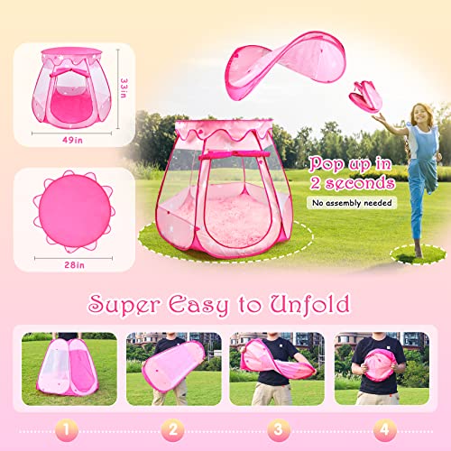 Princess Castle Girls Play Tent with Rug Pop Up Play Tent for Toddlers Kids DISHIO Playhouse Toys for 1 Year Old Birthday Gift Fairy for Girls with Lights Indoor Outdoor Kids with Mat - style: Tent with pink rug/lights