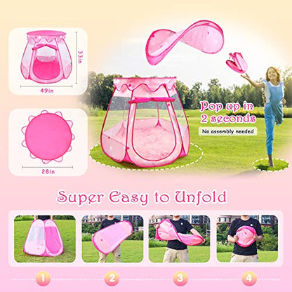 Princess Castle Girls Play Tent with Rug Pop Up Play Tent for Toddlers Kids DISHIO Playhouse Toys for 1 Year Old Birthday Gift Fairy for Girls with Lights Indoor Outdoor Kids with Mat - style: Tent with pink rug/lights